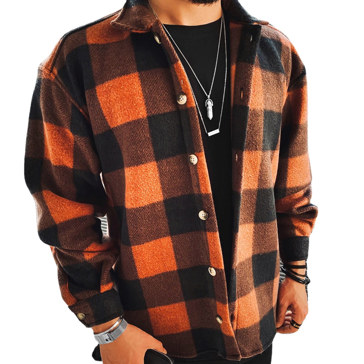 Long-sleeved Plaid Long-sleeved Shirt Casual Stand Collar Pocket Shirt Men