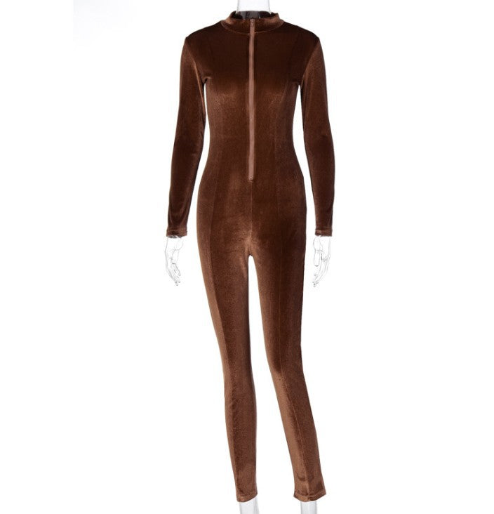 Women Long Sleeve Skinny Jumpsuit Ladies Autumn Velvet Sexy Female Slim Zipper One-piece Pants Solid Color Jumpsuits