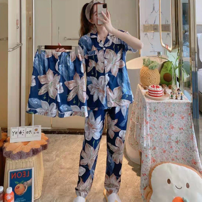 Fruit Pajamas Women's New Summer Thin Short-sleeved Trousers Milk Silk Cute Loungewear Three-piece Suit