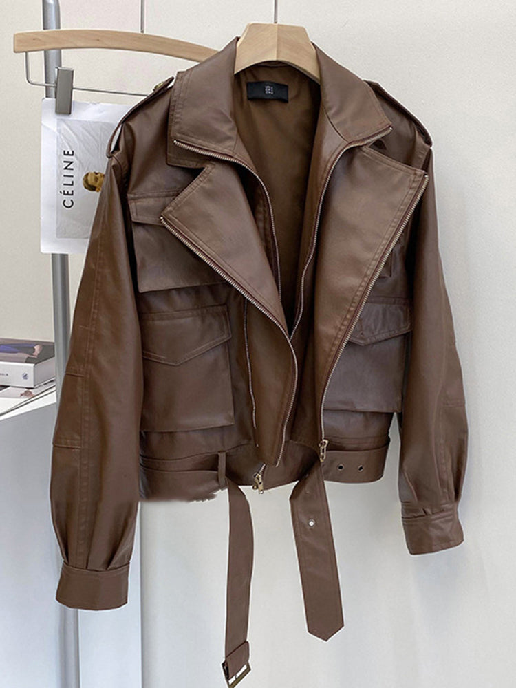 Fashionable Short Motorcycle Leather Coat Women