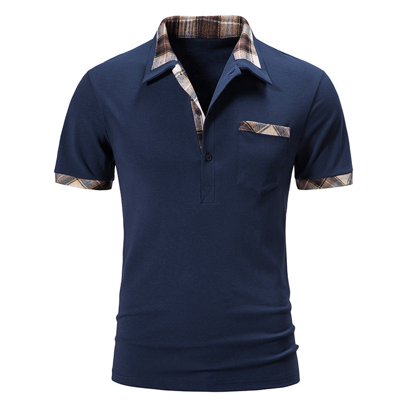 New Summer Short Sleeve Basic Lapel Polo Shirt Men's Plaid Colorblock T-shirt Top