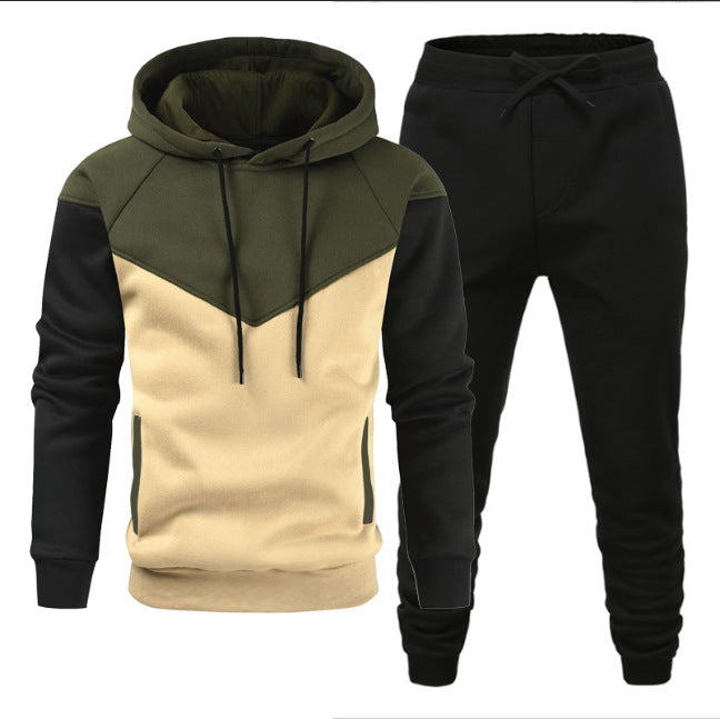 Men's Fleece-lined Sweater Suit Teenagers Fashion Casual Exercise Stitching Contrast Color