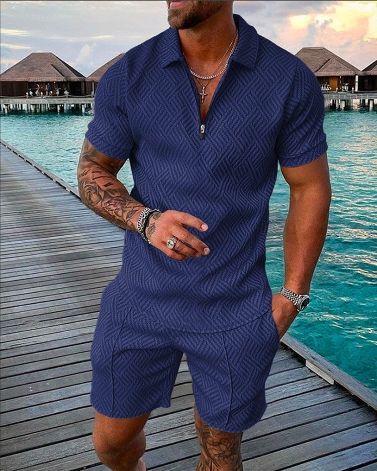 Men's Lapel Print Zipper Short Sleeve Shorts Suit