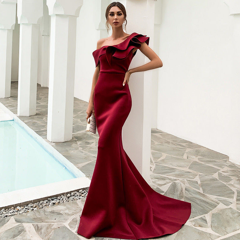 Missord Women Sexy One Shoulder Ruffles Evening Party Dress Solid Color Celebrity Maxi Dress Slash Neck Women Dress FT19938-2