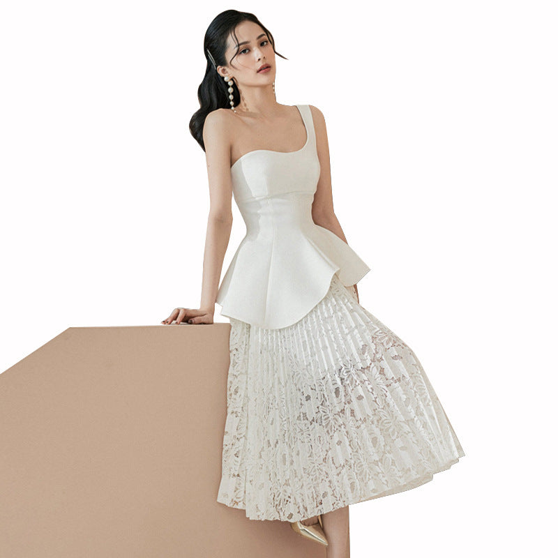 One-shoulder Asymmetric Long Suit Dinner Party White Dress Skirt Women