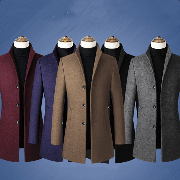 Single-breasted Stand Collar Wool Woolen Men's Coat