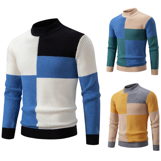 Men's Knitwear Sweater Color Stitching Stand-collar