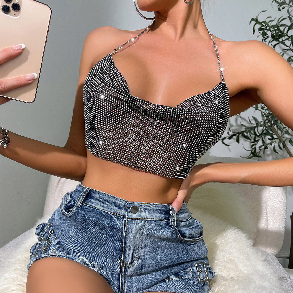 Women's Fashion Metal Super Flash Rhinestone Chain Halter Tube Top Sling