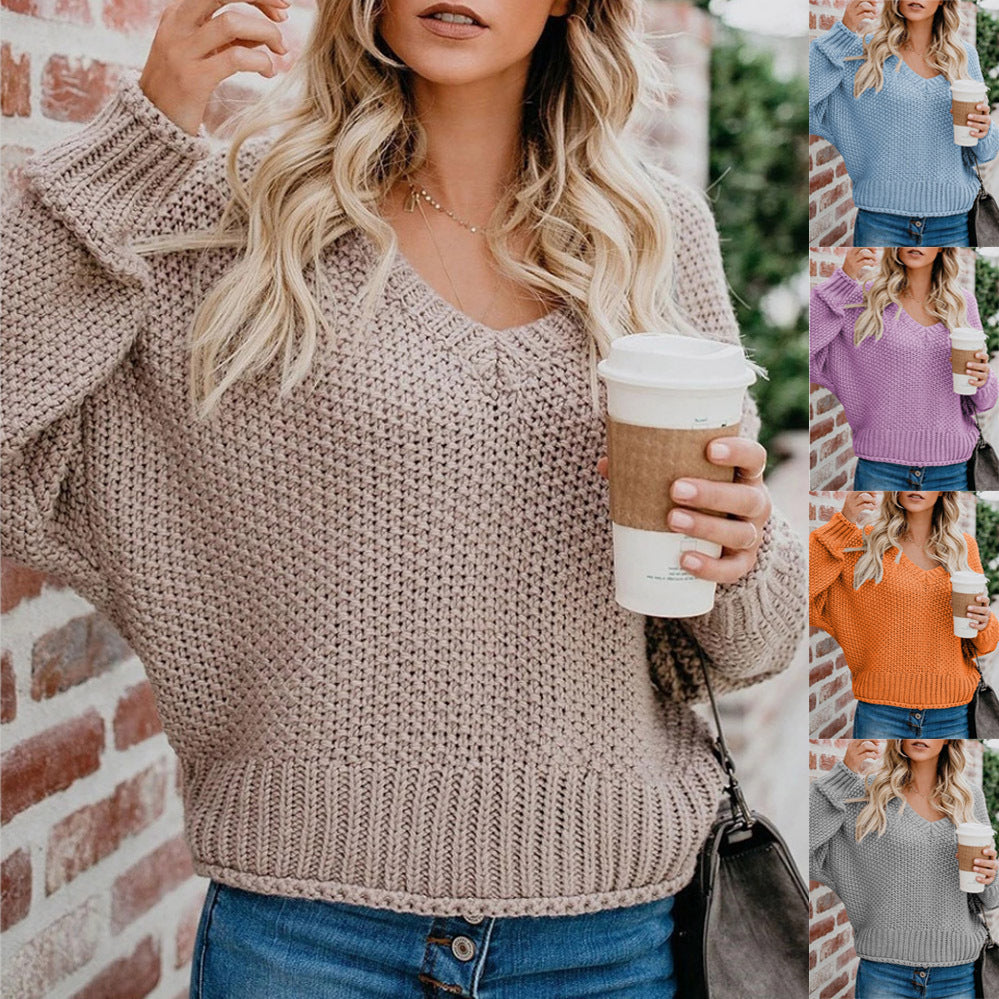 European And American Loose Knitted V Neck Sweater Women