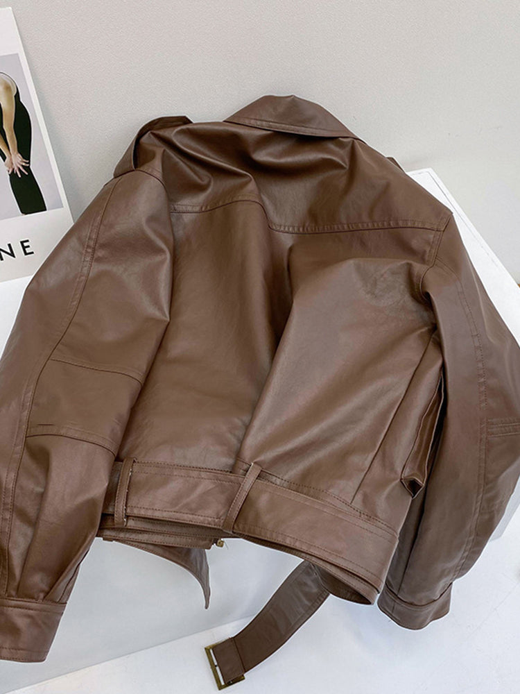 Fashionable Short Motorcycle Leather Coat Women