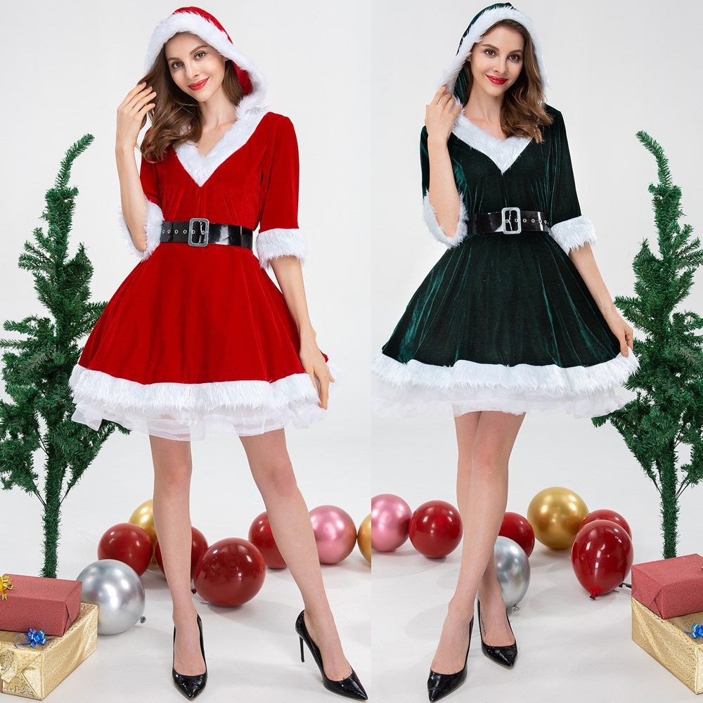 Christmas Winter New Women Dress Long Sleeve V-Neck Plush Decoration Layered Mash Hem Lingerie