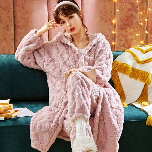 Long Flannel Robe Bathrobe Loungewear Set