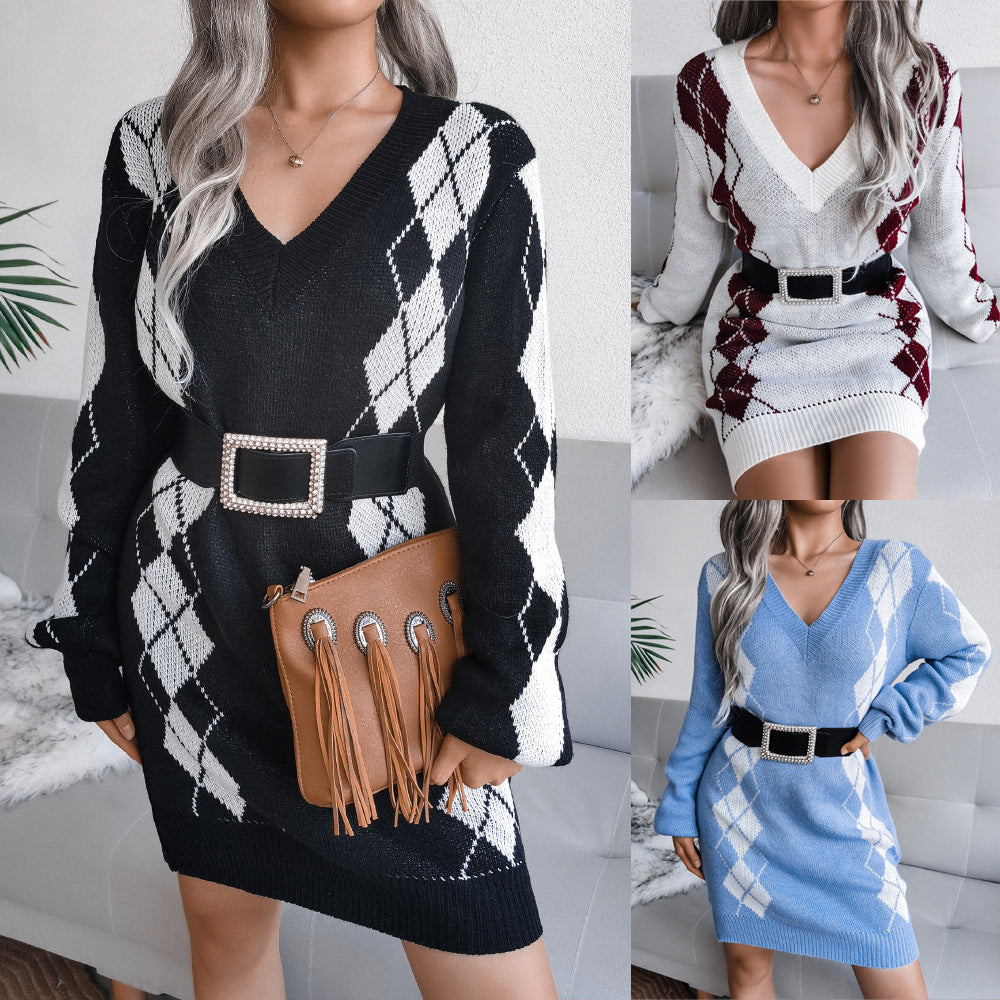 European And American College Style Diamond Sweater Dress