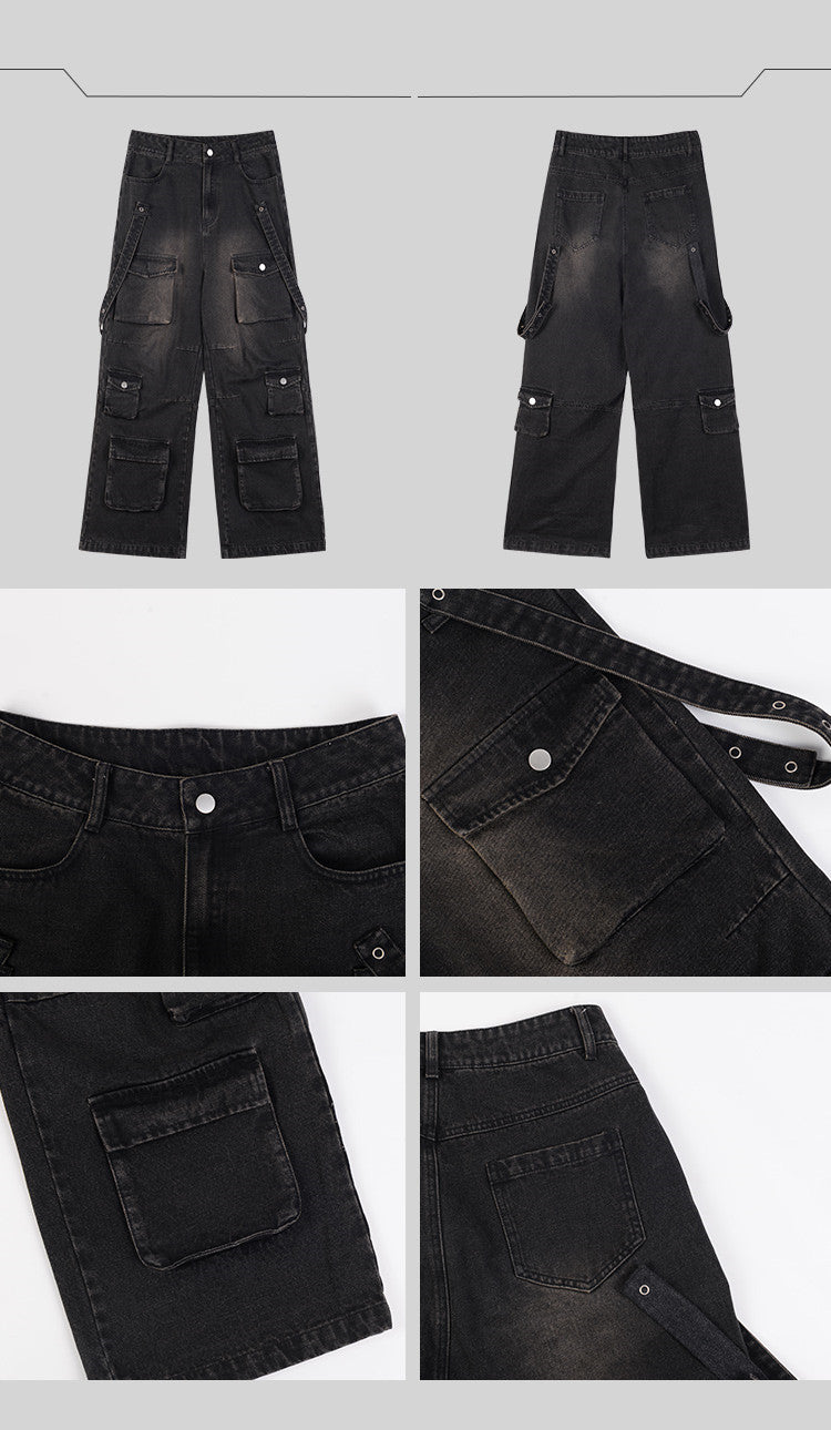 Multi Pocket Vintage Wide Leg Jeans For Men