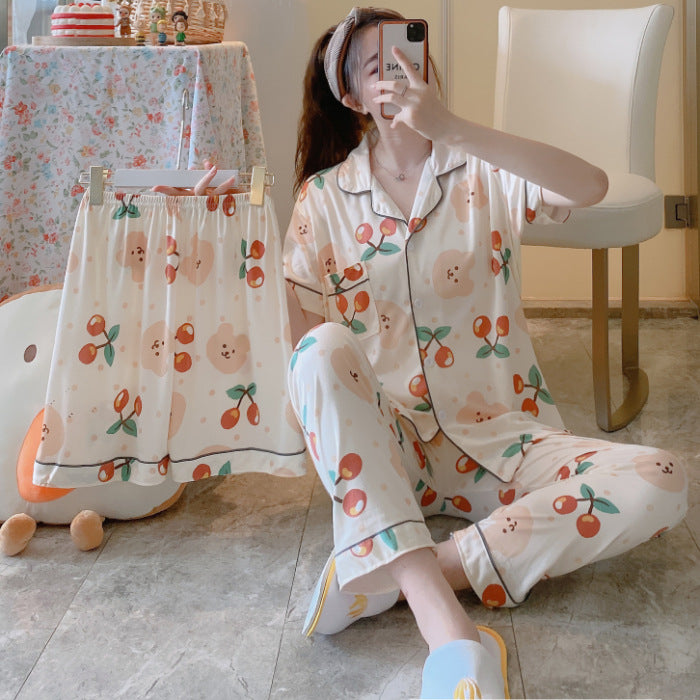 Fruit Pajamas Women's Summer Thin Short-sleeved Trousers Milk Silk Cute Loungewear Three-piece Suit