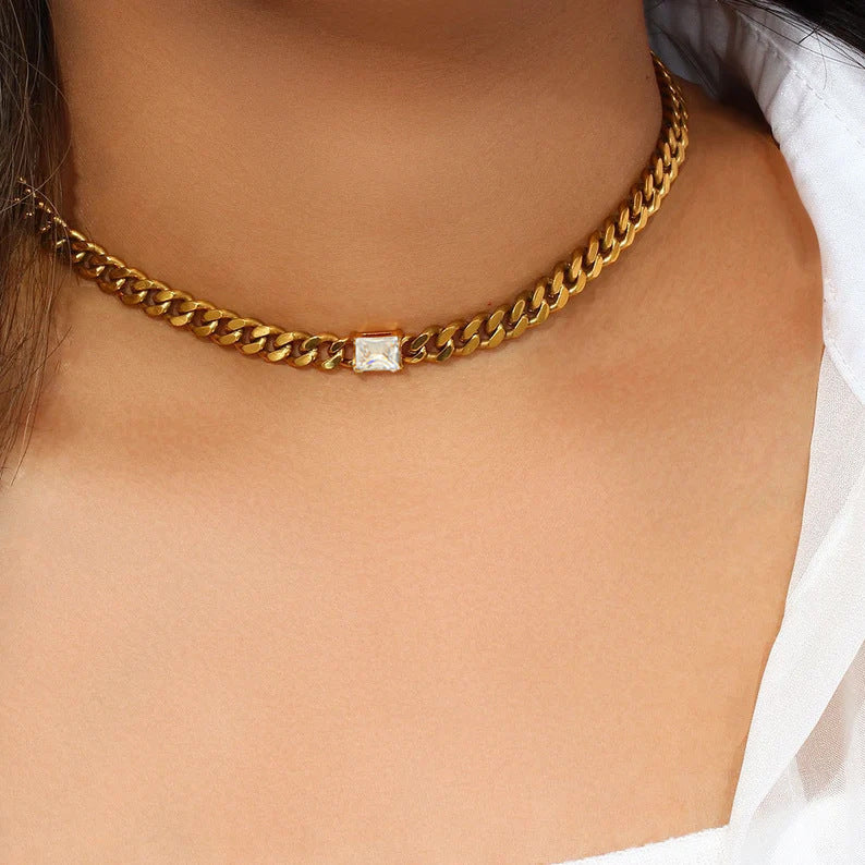 Stainless Steel Necklace Bracelet Jewelry Inlaid Rectangular Zircon 18K Gold Cuban Link Chain Necklace