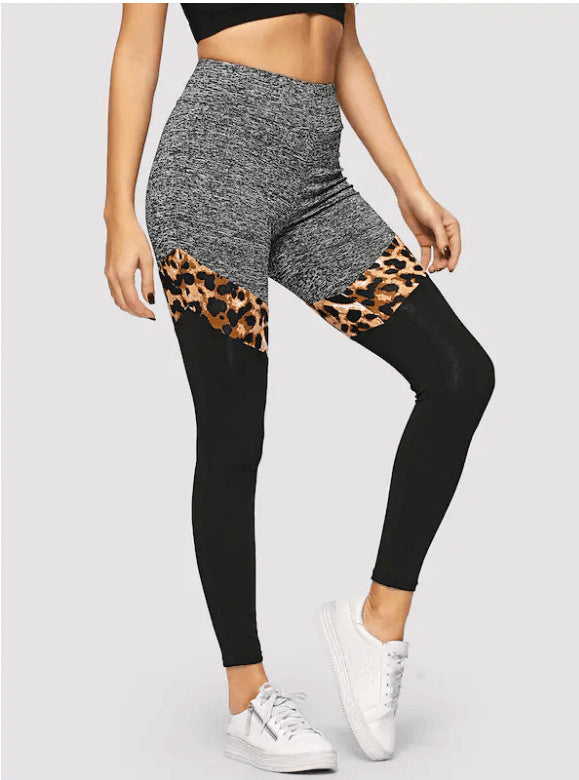 Grey And Black Plus Leopard Print Stitching Polyester Fiber Leggings