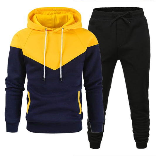 Men's Fleece-lined Sweater Suit Teenagers Fashion Casual Exercise Stitching Contrast Color