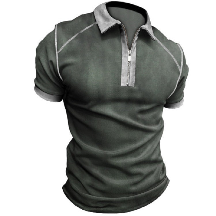 Men's Casual Short Sleeve Digital Print Zip Pullover Men's Polo Shirt