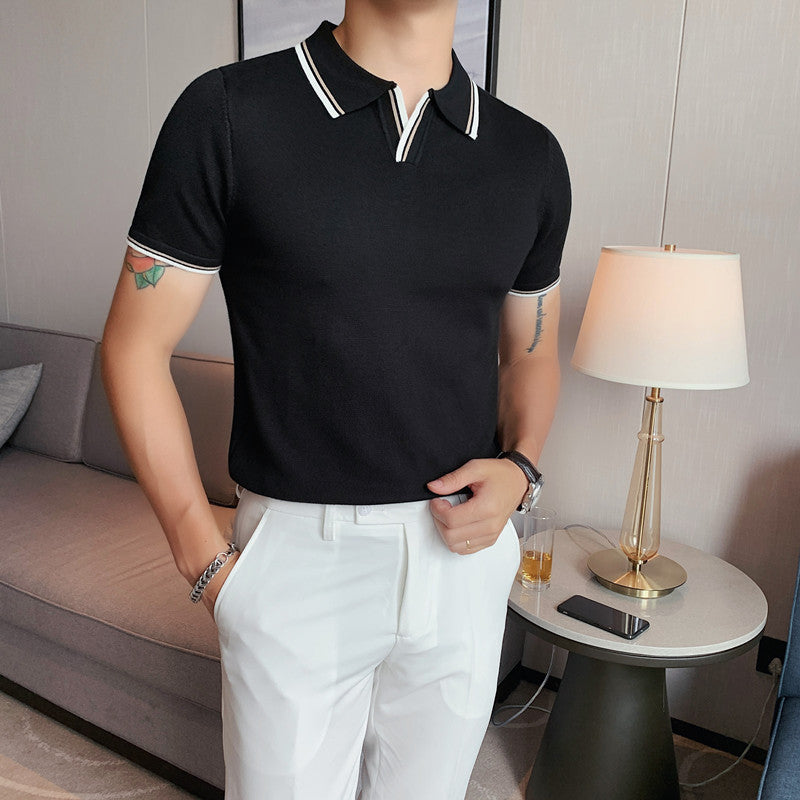 Summer Slim Men's White Knitted Short-Sleeved Polo Shirt