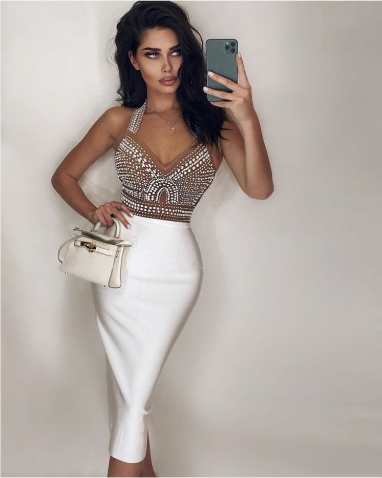 Fashion Sleeveless Tight Beaded Diamond Dress