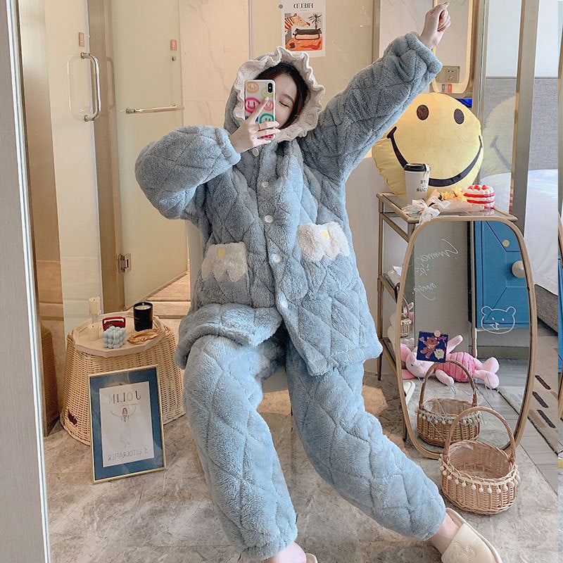 Pajamas Women Plus Cotton Coral Velvet Thick Quilted Cartoon Mid-length Flannel Home Service Suit