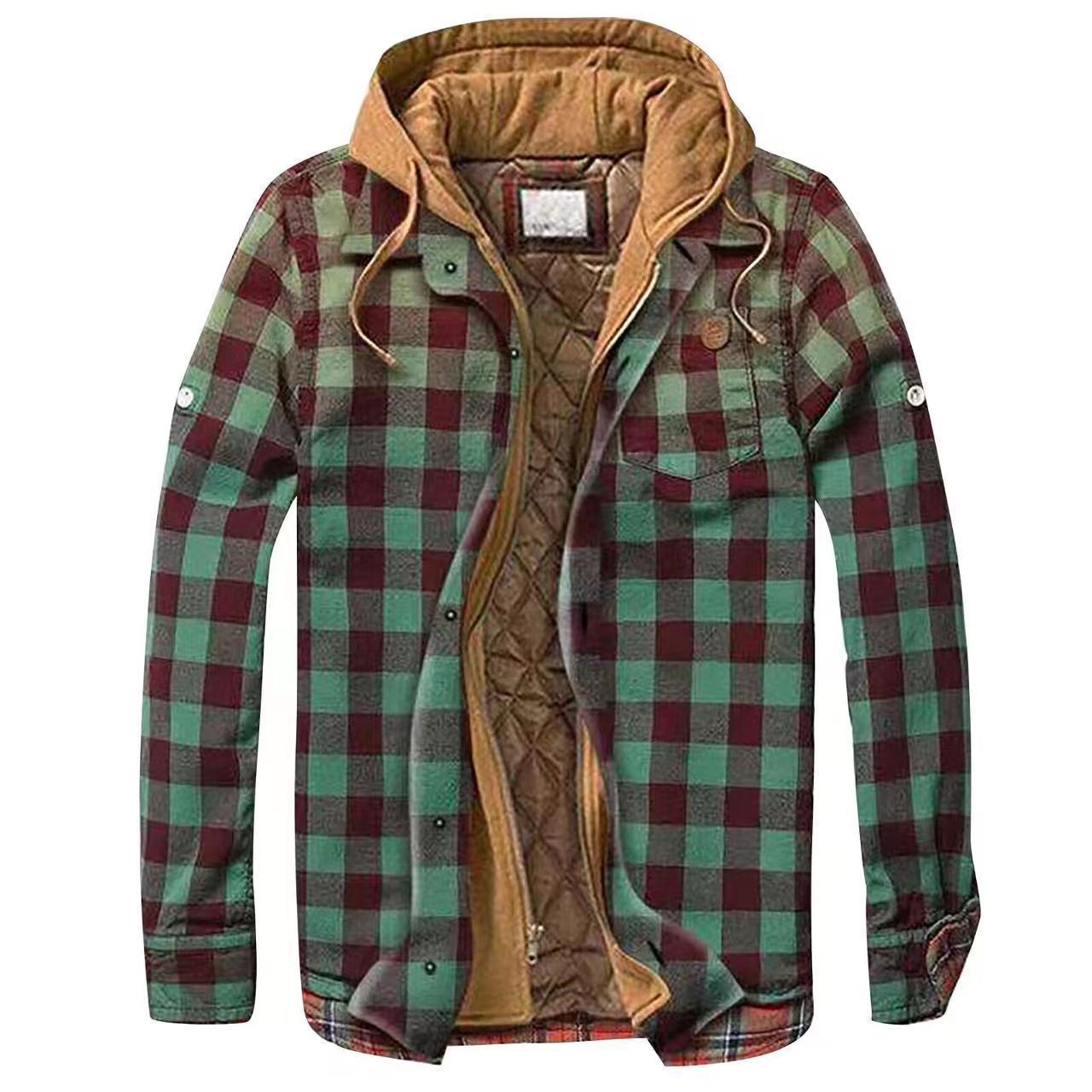 Men's Cotton-padded Clothes Plaid Striped Loose-fitting Hoodie Long Sleeve Coat