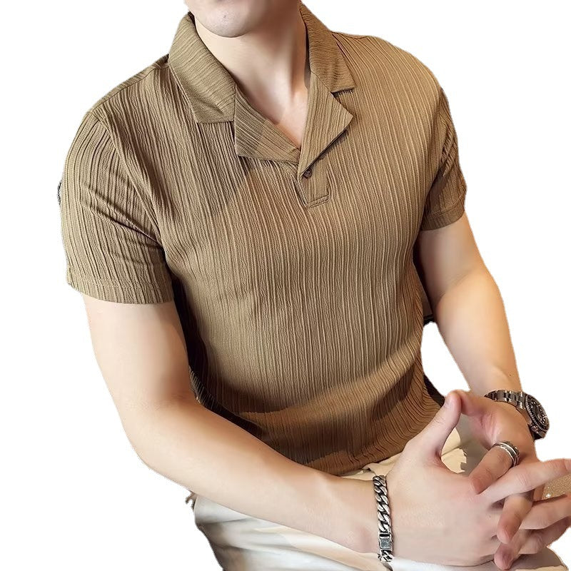 Cuba Collar Short Sleeve T-shirt Men's Summer Ice Silk Stripes Polo Shirt