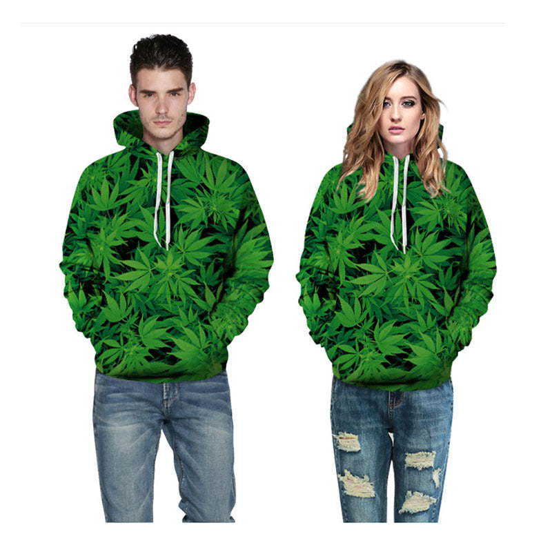 Men Fashion Green Big Leaf Hoodie