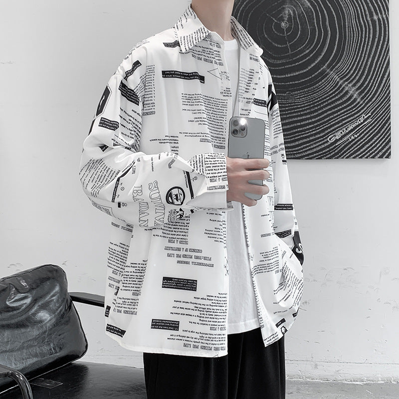 Fashion Drapey Ice Silk Print Teenage Long-sleeved Shirt For Men