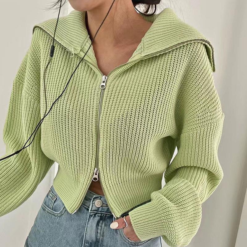 Soft Lapel Double Zipper Loose Long Sleeve Knitted Sweater For Women