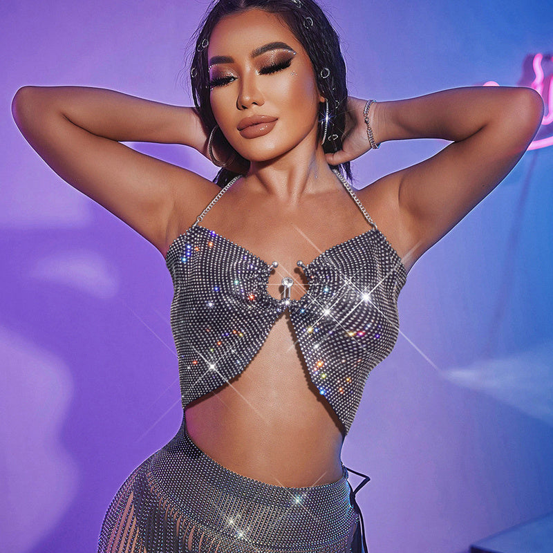Popular Rhinestone Grid Super Shiny Top Vest
