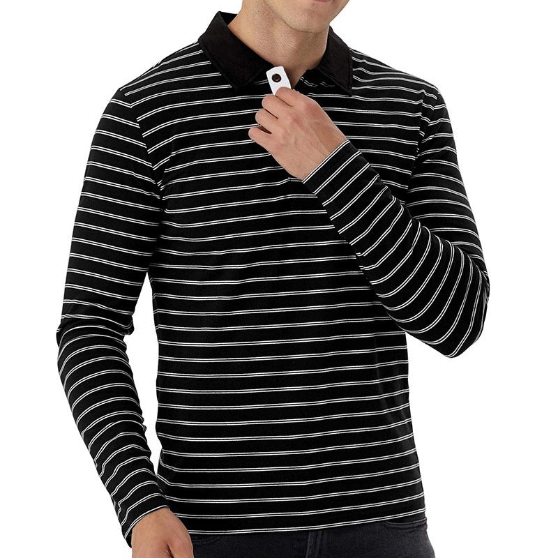 Business Men's Lapel Striped Long-sleeved T-shirt Polo Shirt