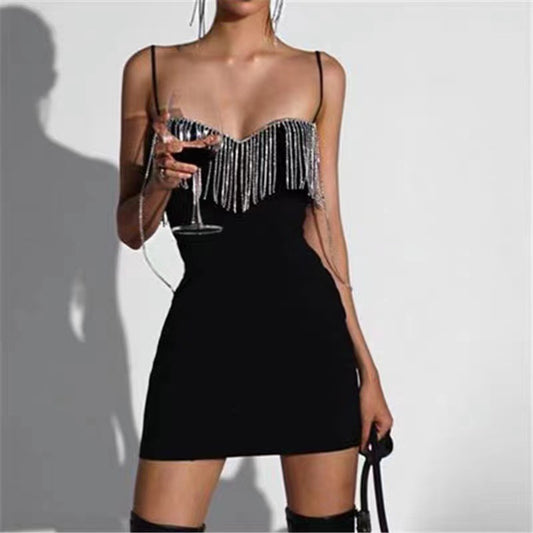 Black Suspender Bra Fringed With Diamond Spicy Girls Buttock Bandage Dress