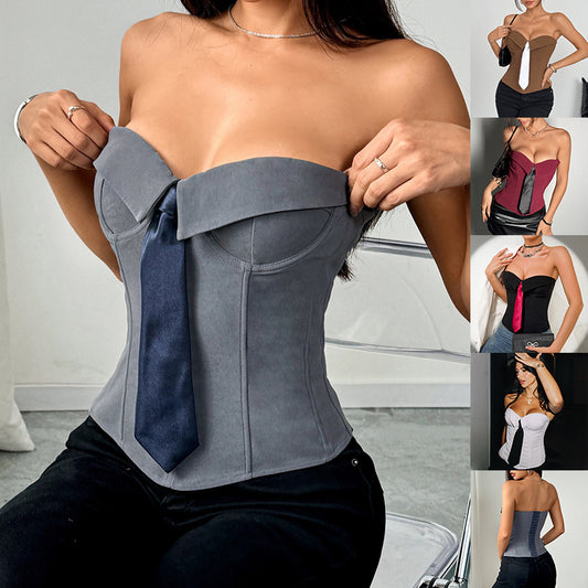 Y2k Bandeau Top With Faux-tied Design Ins Fashion Solid Color Vest For Women Clothing