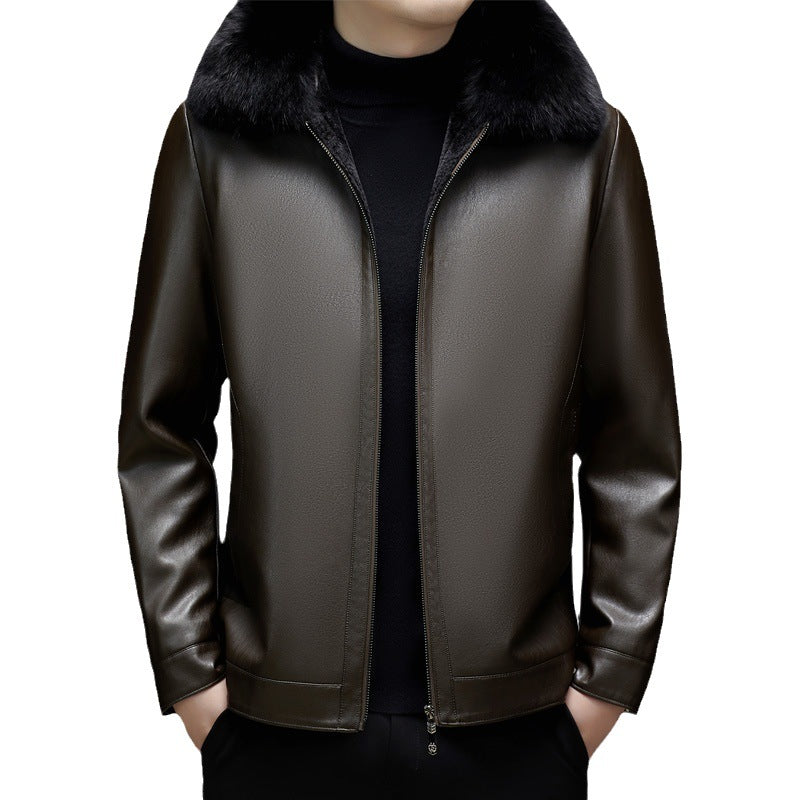 Business Casual Big Fur Collar Men's Leather Coat