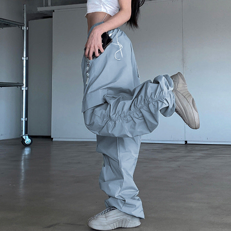 Grey Blue Pleated Drawstring Casual Pants For Women