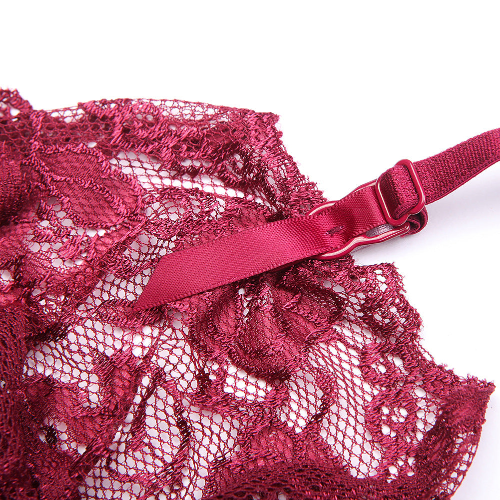 Court Style Wine Red Lace Bra Set Women