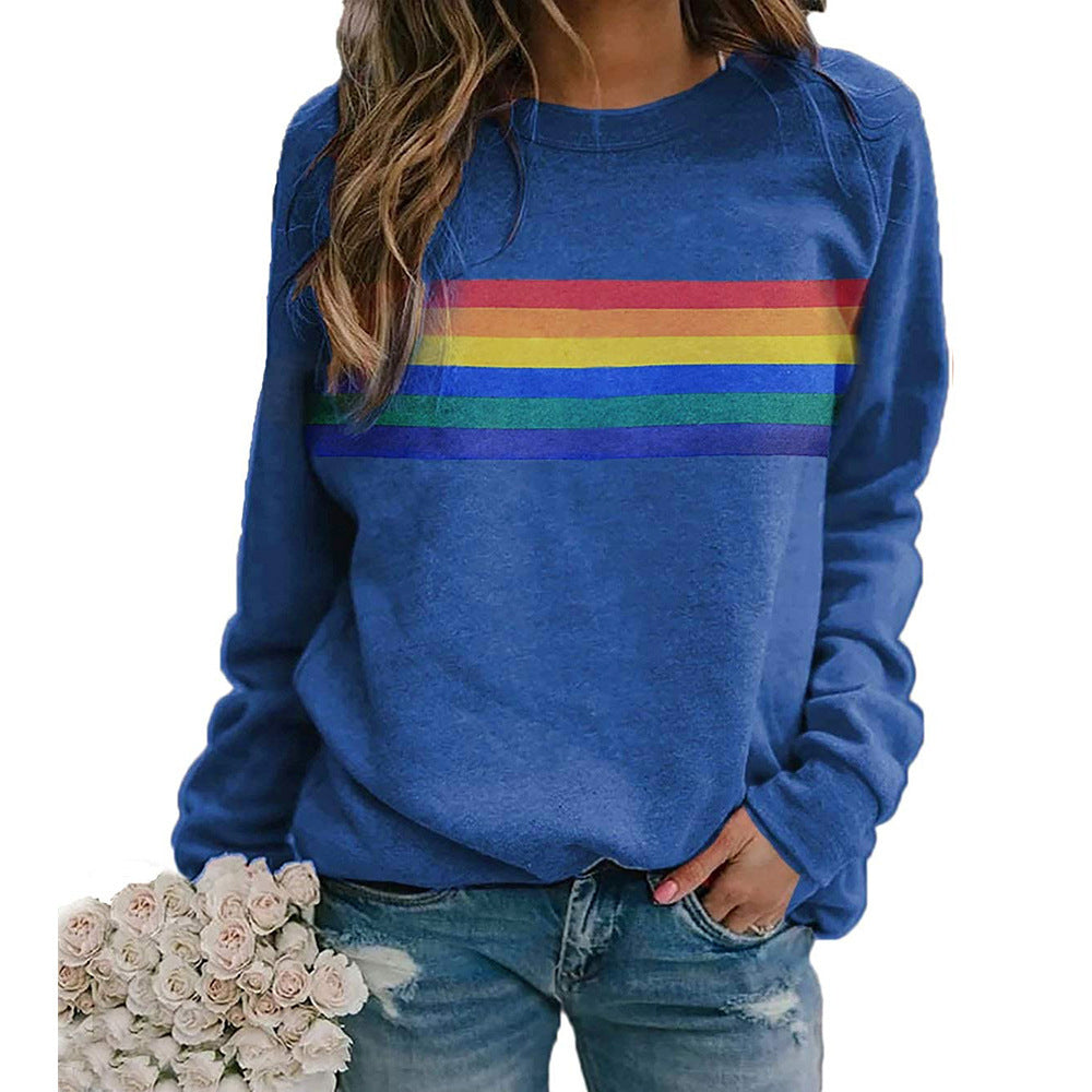 Color Striped Print Round Neck Pullover Long Sleeve Sweater