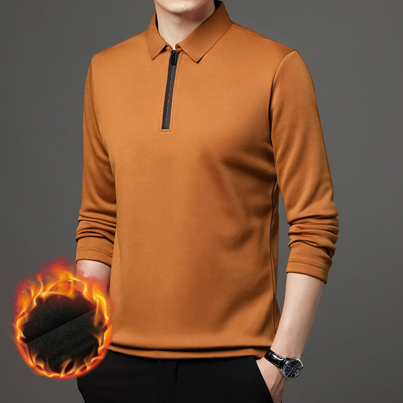 Half Zipper Fleece-lined Thickened Polo Shirt Men Polo Collar Solid Color