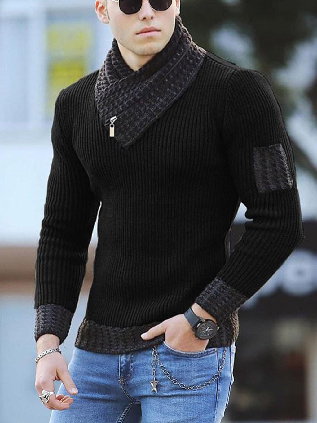 Independent Station Casual Slim Knit Pullover Long-sleeved Scarf Collar Sweater Men's