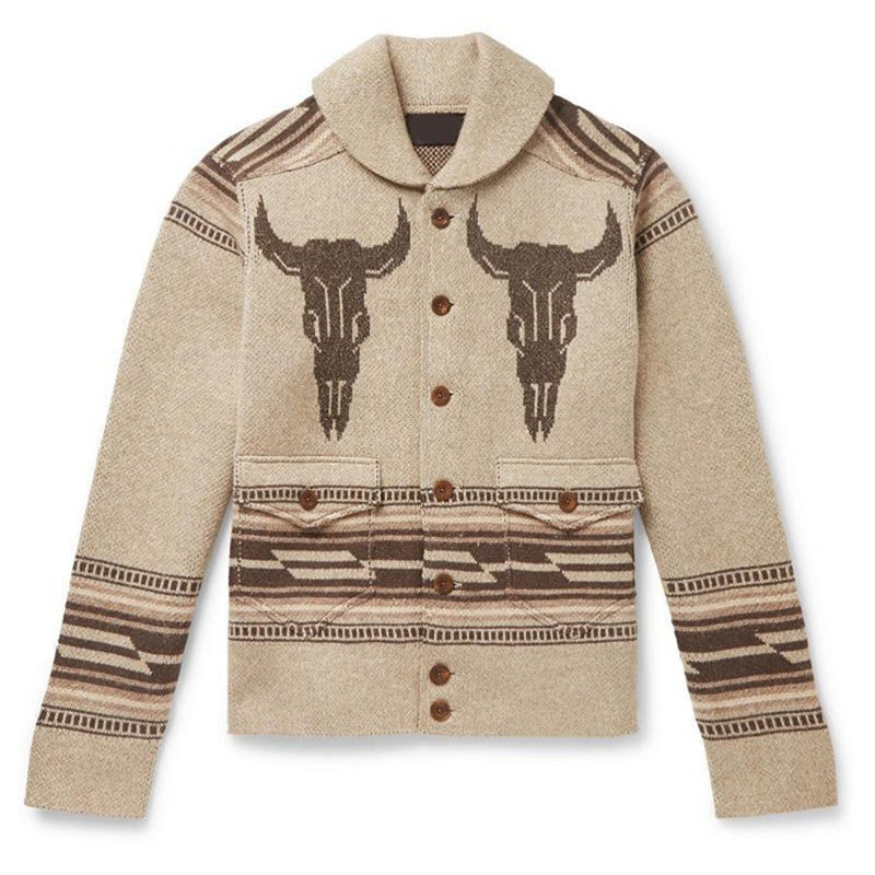 Casual Fashion Vintage Jacquard Knitted Jacket Long-sleeved Lapel Button Sweater Men