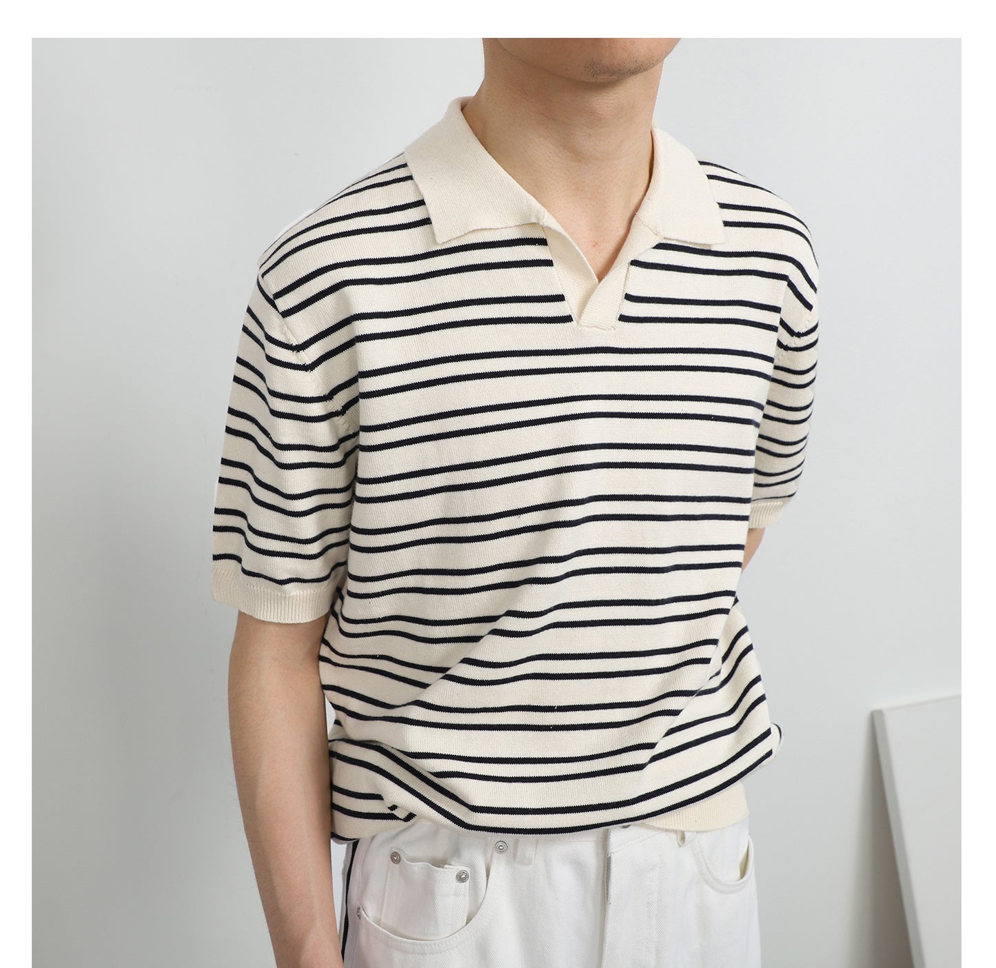 V-neck Ice Silk Striped Polo Shirt Men's Short-sleeved Lapel T-shirt