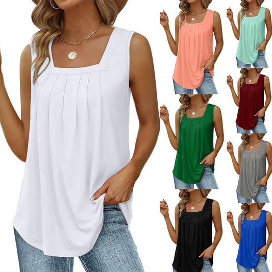 Summer Tank Tops For Women Loose Fit Pleated Square Neck Sleeveless