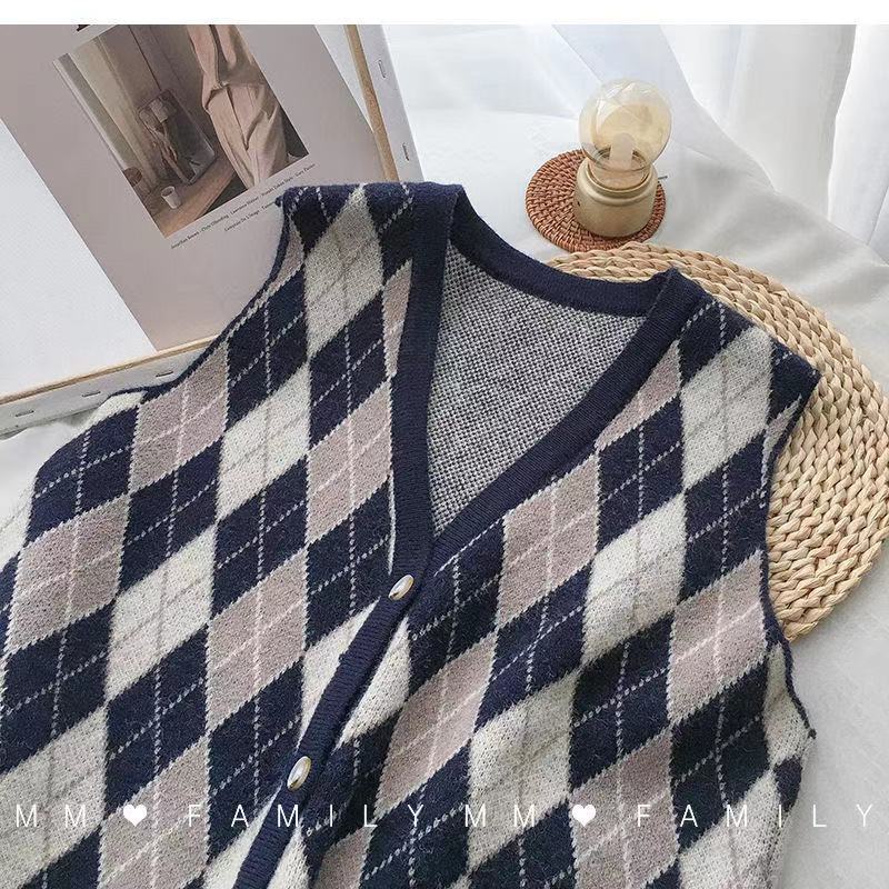 Fashion Diamond Plaid Sweater Vest Cardigan Jacket Women