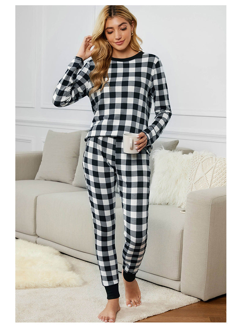 Christmas Long-sleeved Trousers Loungewear Suit Plaid Contrast Color Home Pajamas For Women