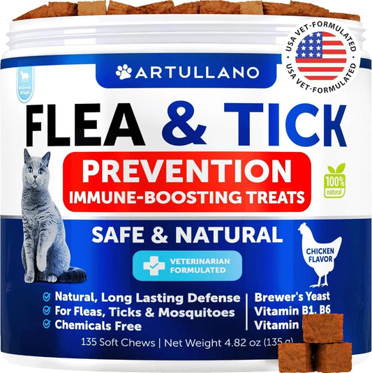 Flea Treatment For Cats Natural Flea And Tick Prevention Supplement For Cats Kittens Chewable Daily Oral Pills With Vitamins 135 Soft Chews Skin & Coat Dental Treats Digestion CANNOT Be Listed For Sa