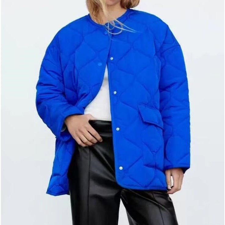 New Casual Loose Blue Round Neck Cotton Coat Women