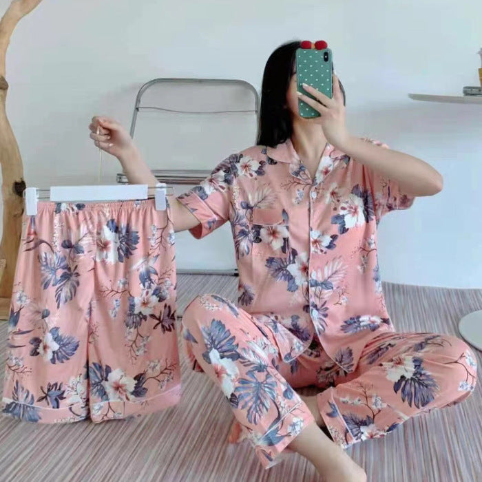 Fruit Pajamas Women's New Summer Thin Short-sleeved Trousers Milk Silk Cute Loungewear Three-piece Suit