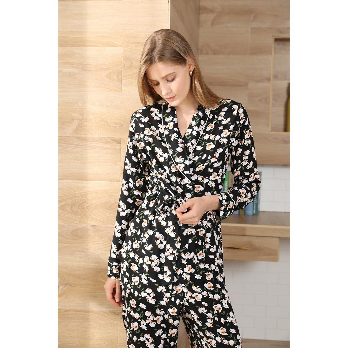 Loungewear Lapel Cardigan Long Sleeve Long Trouser Pyjama Set